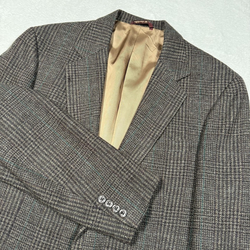 Cricketeer Sport Coat Mens‎ 44R Brown Gray Glen Plaid Blue Overcheck 2 Button